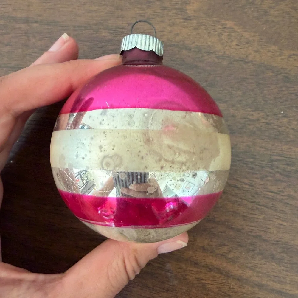 Vintage Shiny Brite Pink Silver Striped Glass Ball Christmas Ornament USA MCM